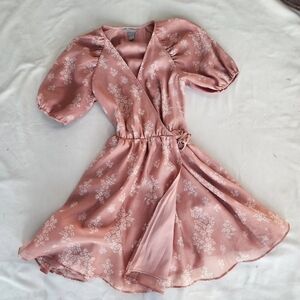 H&M Organza Powder pink Floral Puff Sleeve Wrap Tie Front Dress sz Small